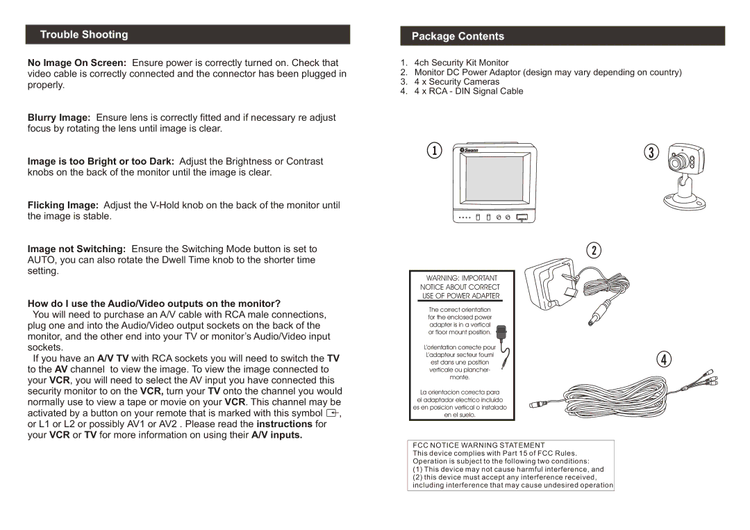 Swann 4 CCTV Cameras Security Monitoring System warranty Trouble Shooting, Package Contents 