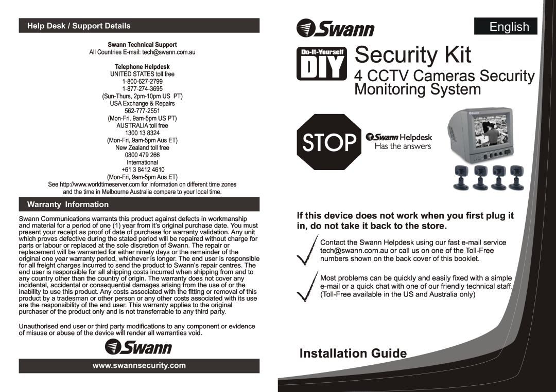 Swann 4 CCTV Cameras Security Monitoring System warranty Help Desk / Support Details, Warranty Information, Security Kit 
