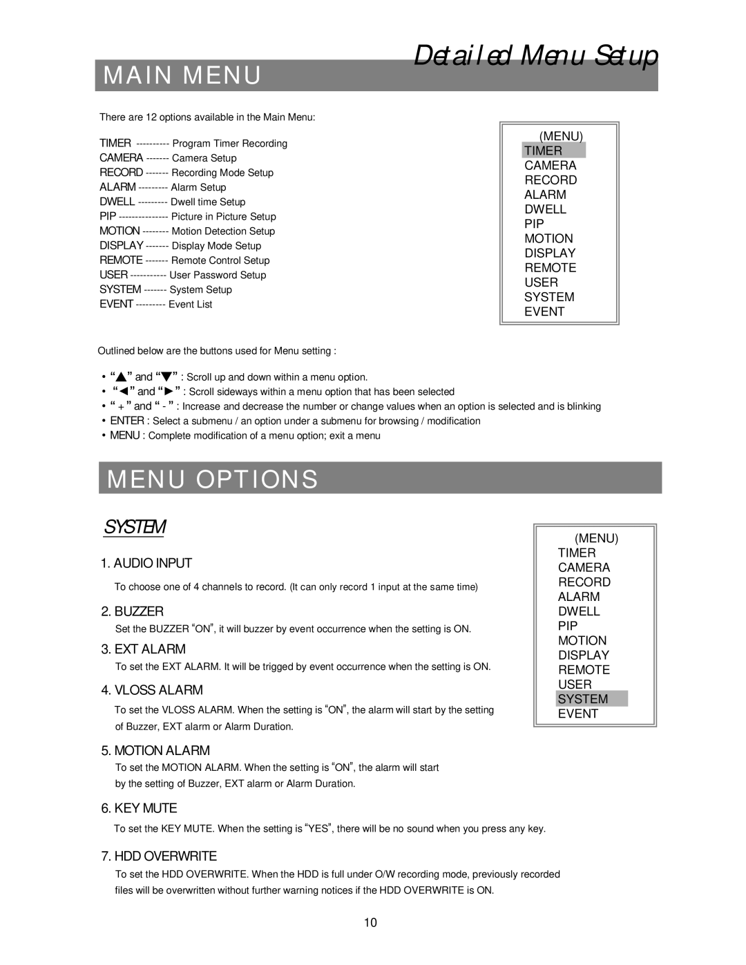 Swann 4 CH Digital Video Recorder user manual Main Menu, Menu Options, System 