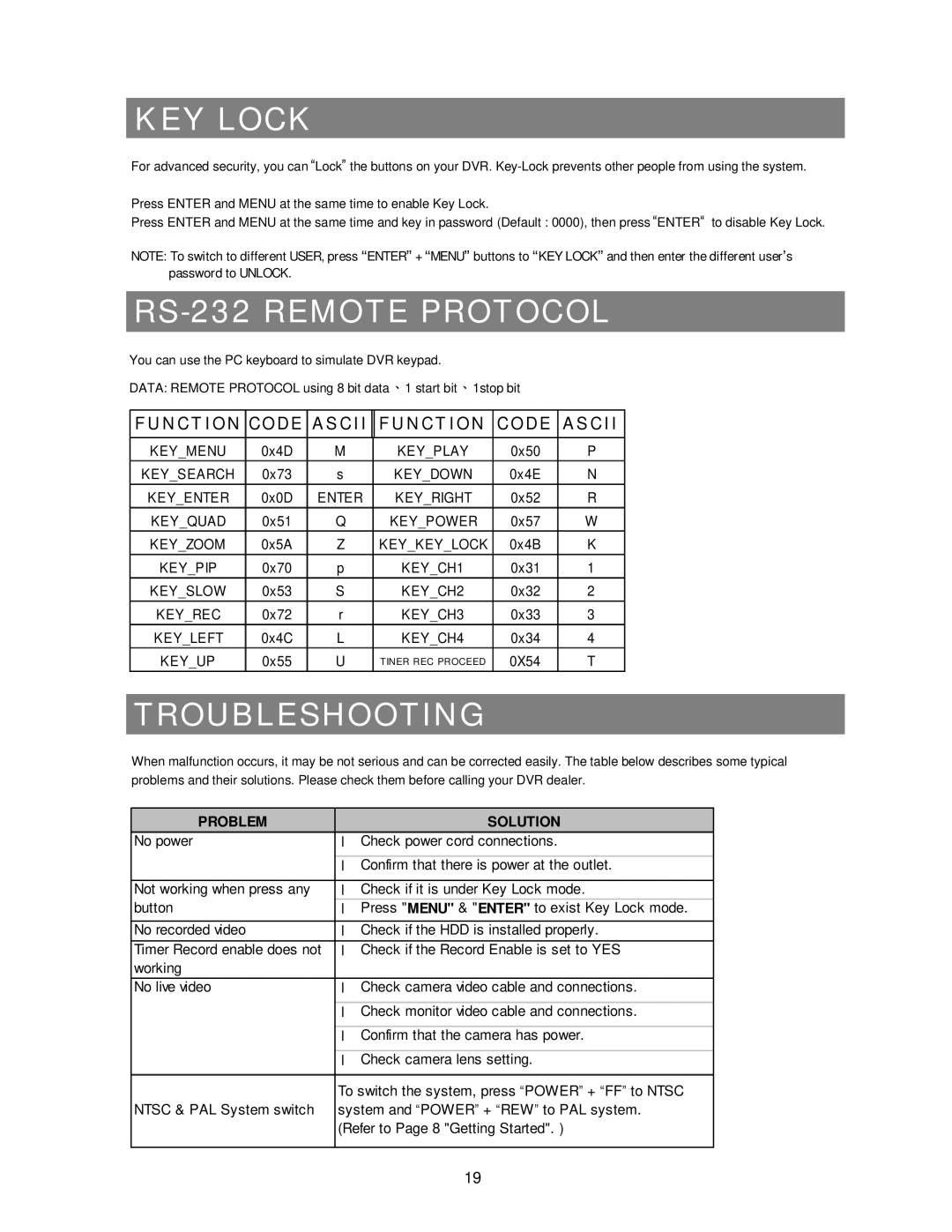 Swann 4 CH Digital Video Recorder user manual KEY Lock, RS-232 Remote Protocol, Troubleshooting 