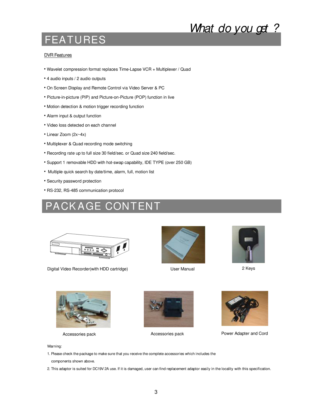 Swann 4 CH Digital Video Recorder user manual Features, Package Content 