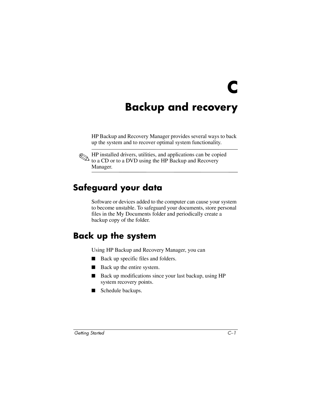 Swann 410769-001 manual Backup and recovery, Safeguard your data, Back up the system 