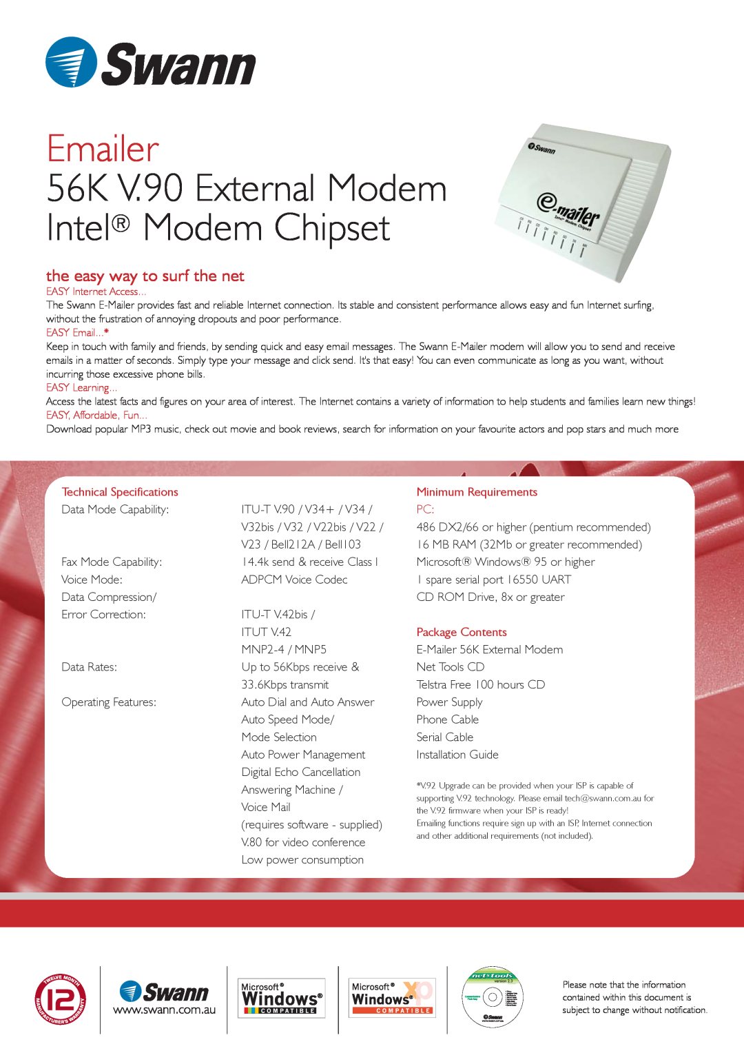 Swann Emailer, 56K V.90 External Modem Intel Modem Chipset, the easy way to surf the net, Technical Specifications 