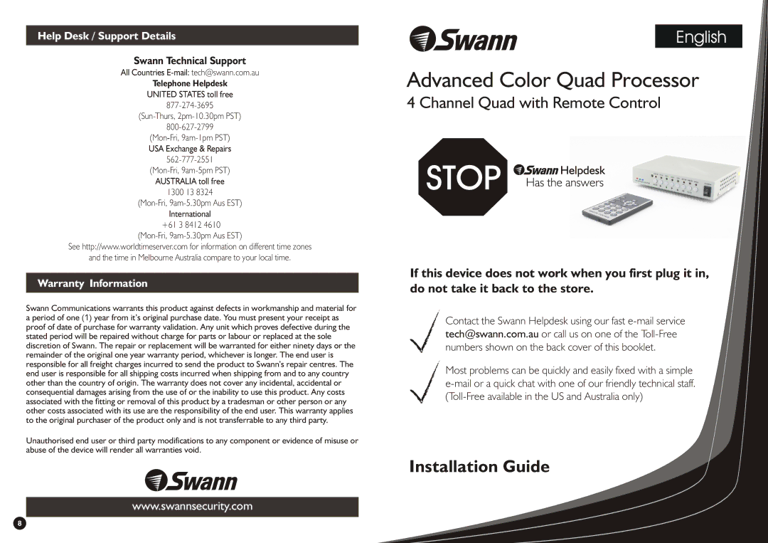 Swann Advanced Quad Processor warranty Help Desk / Support Details, Swann Technical Support, Warranty Information 