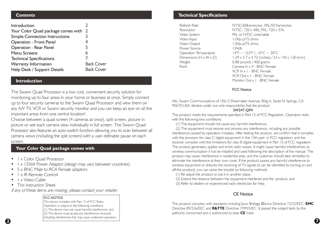 Swann Advanced Quad Processor warranty Contents, Introduction, Your Color Quad package comes with, Technical Specifications 