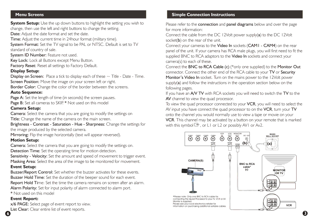 Swann Advanced Quad Processor warranty Menu Screens, Simple Connection Instructions 