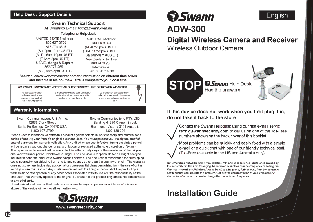 Swann ADW-300 warranty Help Desk / Support Details, Swann Technical Support, Warranty Information 