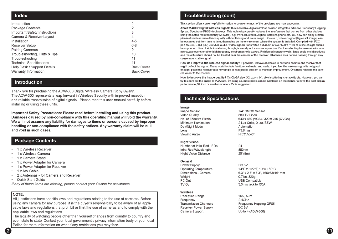 Swann ADW-300 warranty Index, Introduction, Package Contents, Troubleshooting, Technical Specifications 