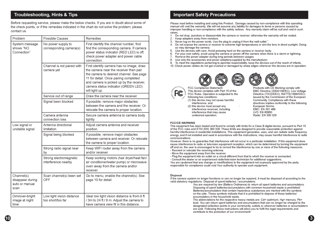 Swann ADW-300 warranty Troubleshooting, Hints & Tips, Important Safety Precautions 