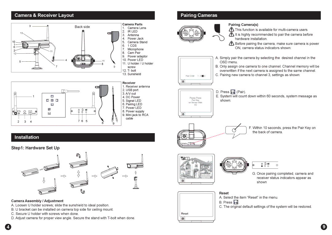 Swann ADW-300 warranty Camera & Receiver Layout Pairing Cameras, Installation, Hardware Set Up 