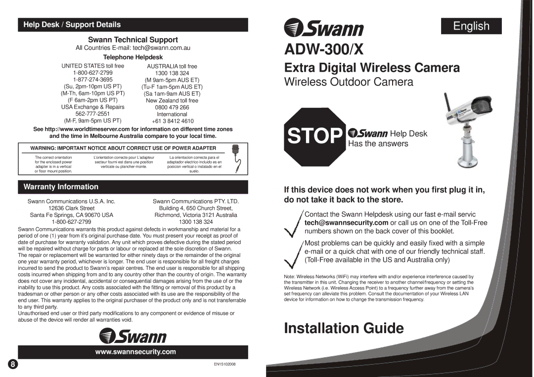 Swann ADW-300/X warranty Help Desk / Support Details, Warranty Information 