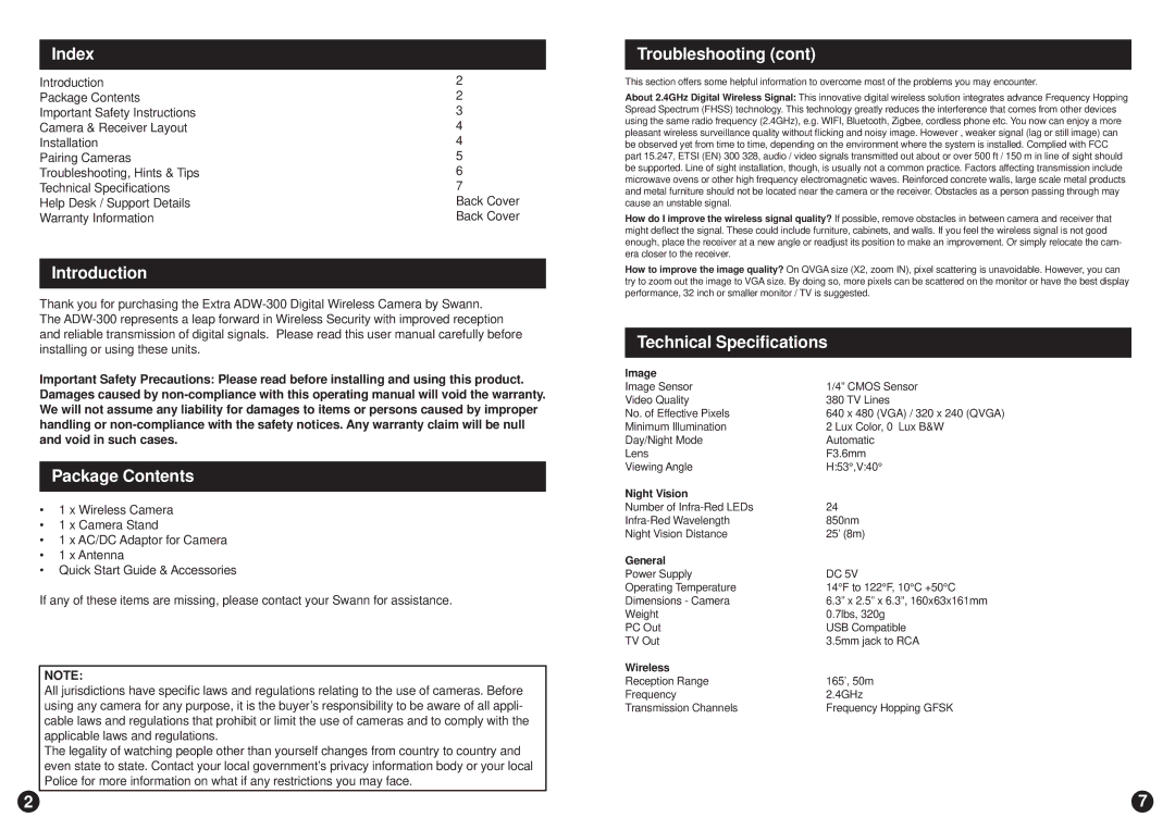 Swann ADW-300/X warranty Index, Introduction, Package Contents, Troubleshooting, Technical Speciﬁcations 