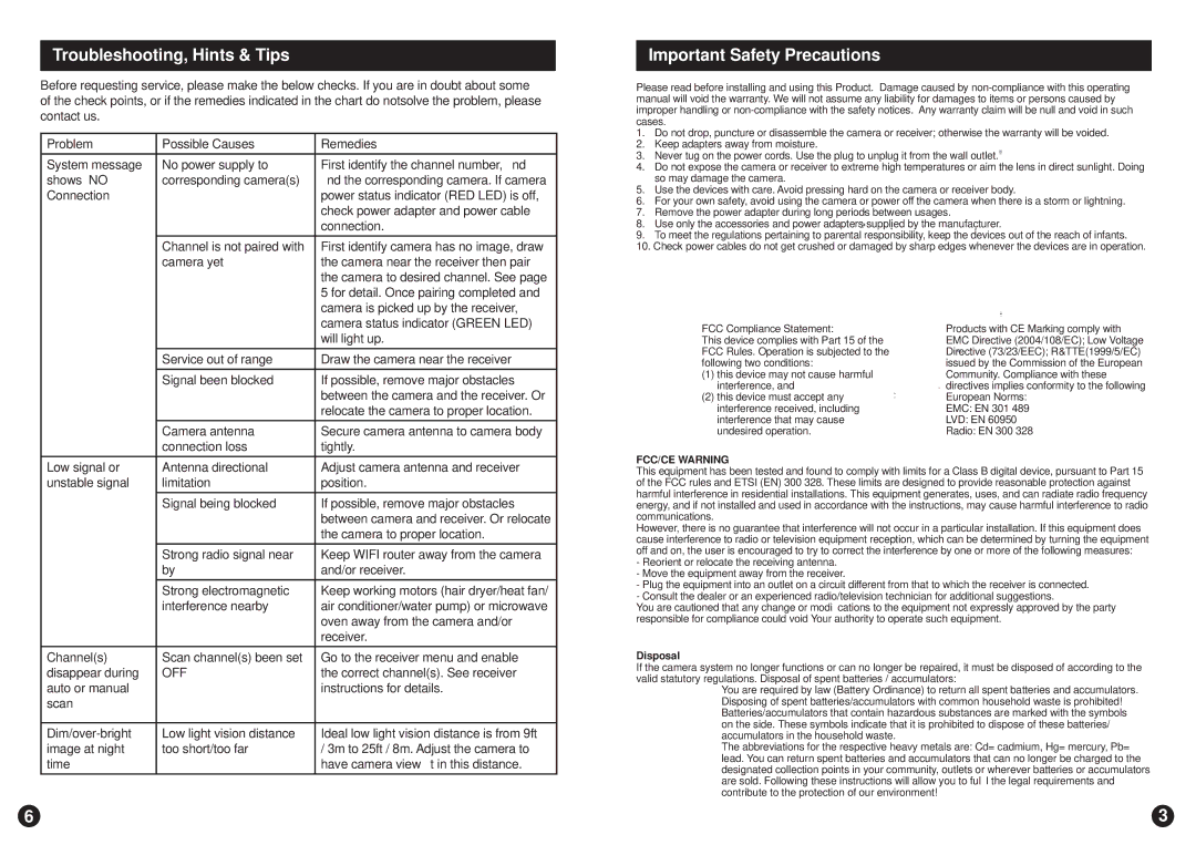 Swann ADW-300/X warranty Troubleshooting, Hints & Tips, Important Safety Precautions 