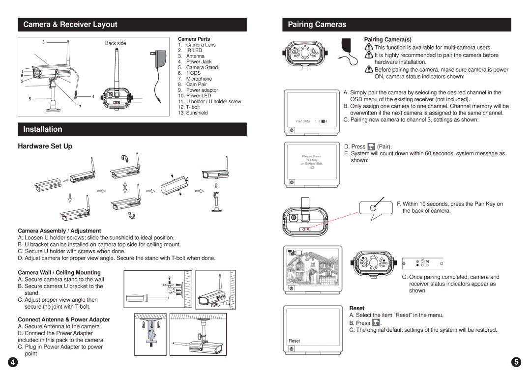 Swann ADW-300/X warranty Camera & Receiver Layout, Installation, Pairing Cameras 