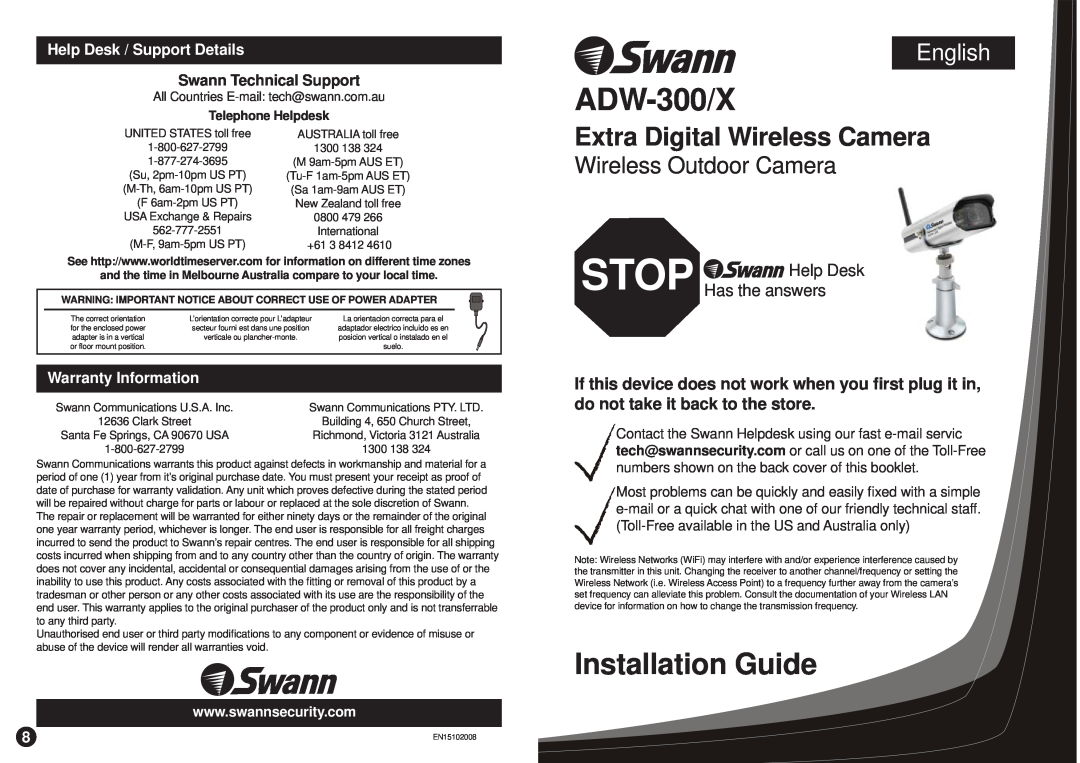 Swann ADW-300/X warranty Help Desk / Support Details, Warranty Information, Installation Guide, English 
