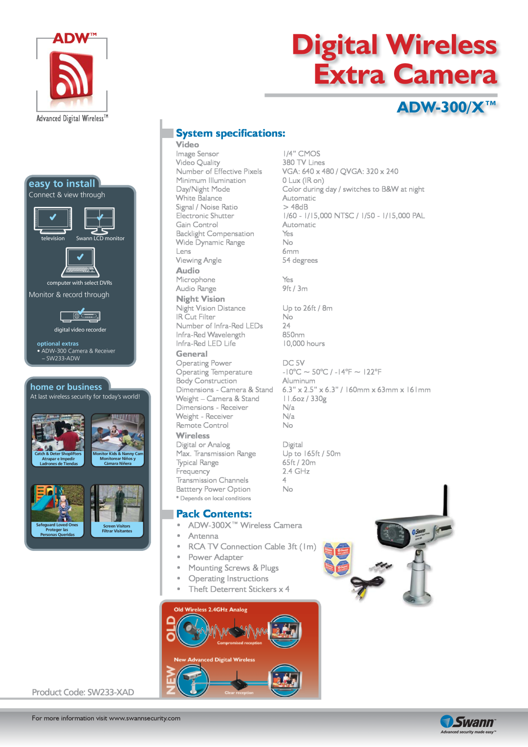 Swann ADW-300/X Digital Wireless, Extra Camera, Adwtm, System specifications, Pack Contents, easy to install, Video, Audio 