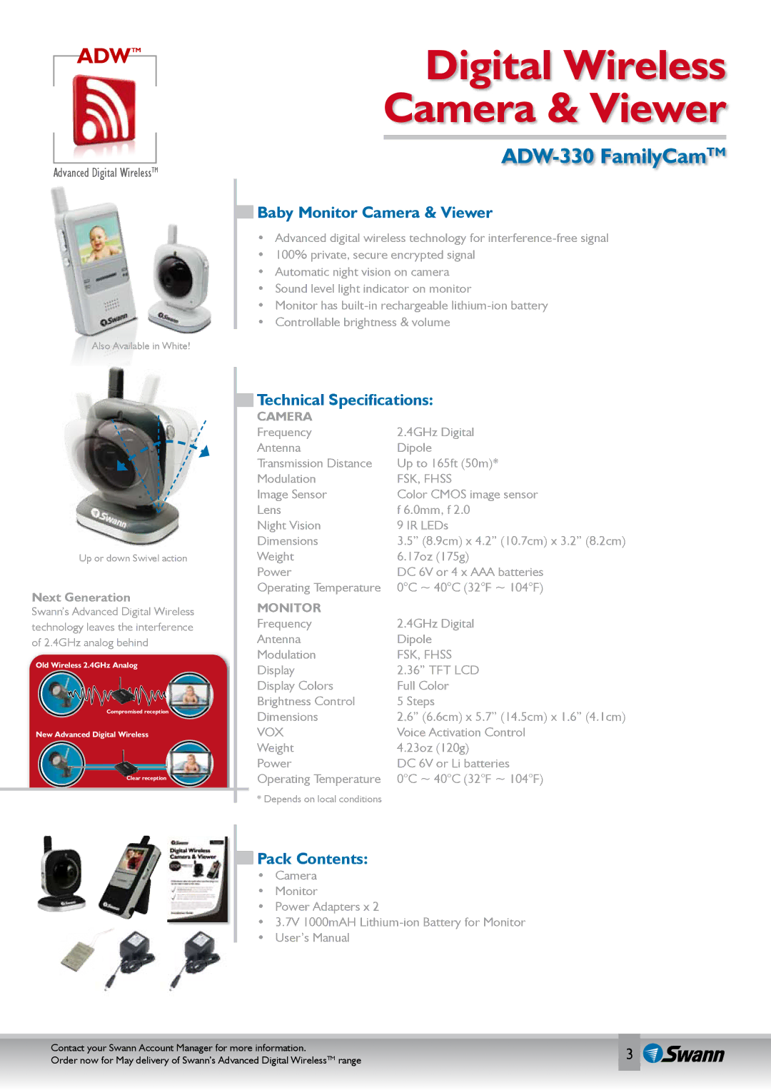 Swann ADW-330 manual Baby Monitor Camera & Viewer, Technical Specifications, Pack Contents 