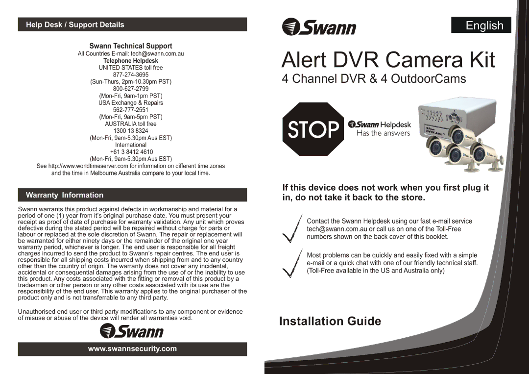 Swann Alert DVR Camera Kit warranty Help Desk / Support Details, Warranty Information, Telephone Helpdesk 