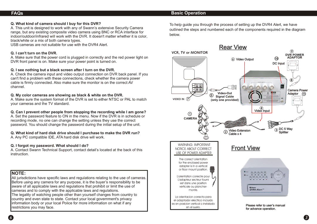 Swann Alert DVR Camera Kit warranty FAQs, Basic Operation 