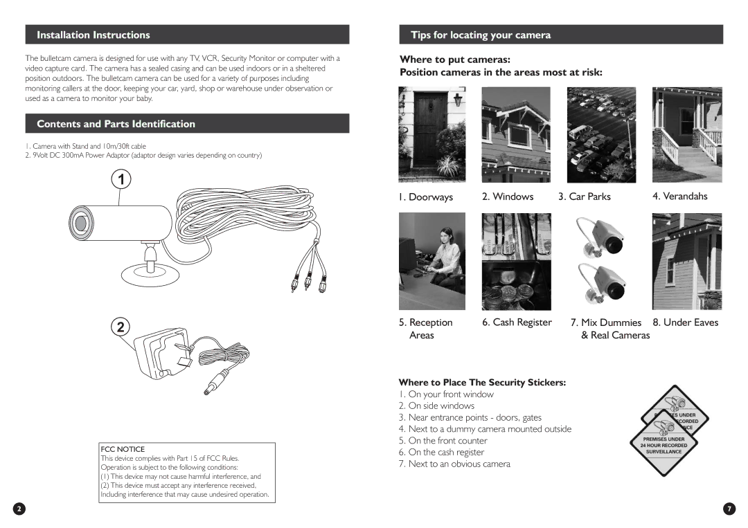 Swann BulletCam warranty Installation Instructions, Contents and Parts Identification, Tips for locating your camera 