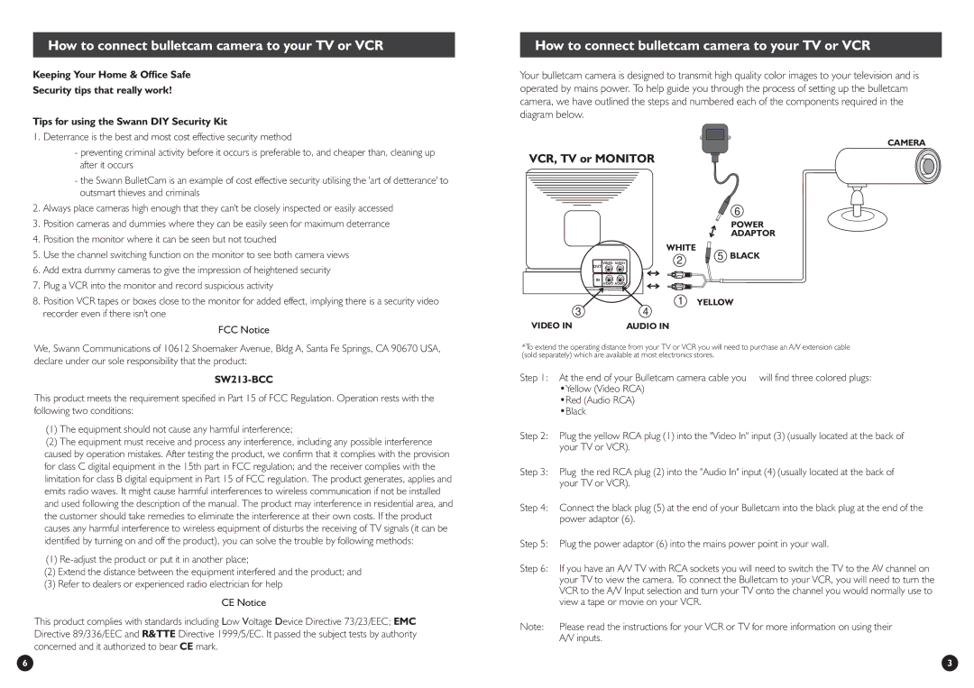 Swann BulletCam warranty How to connect bulletcam camera to your TV or VCR, SW213-BCC 