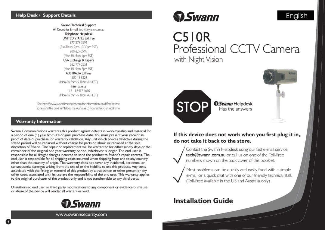 Swann C-510R warranty Help Desk / Support Details, Warranty Information 