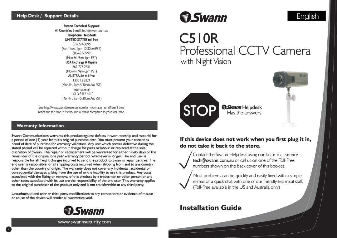 Swann C-510R warranty Help Desk / Support Details, Warranty Information, C510R, Professional CCTV Camera, English 