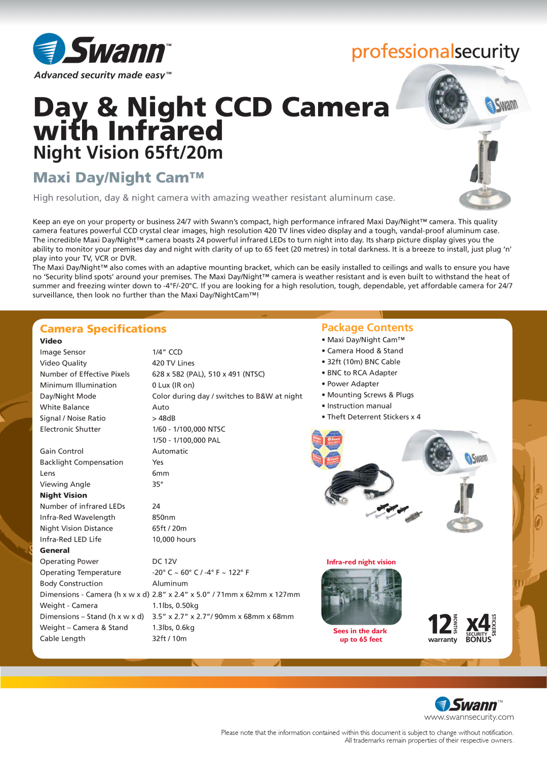 Swann Day & Night CCD Camera manual Camera Speciﬁcations, Package Contents 