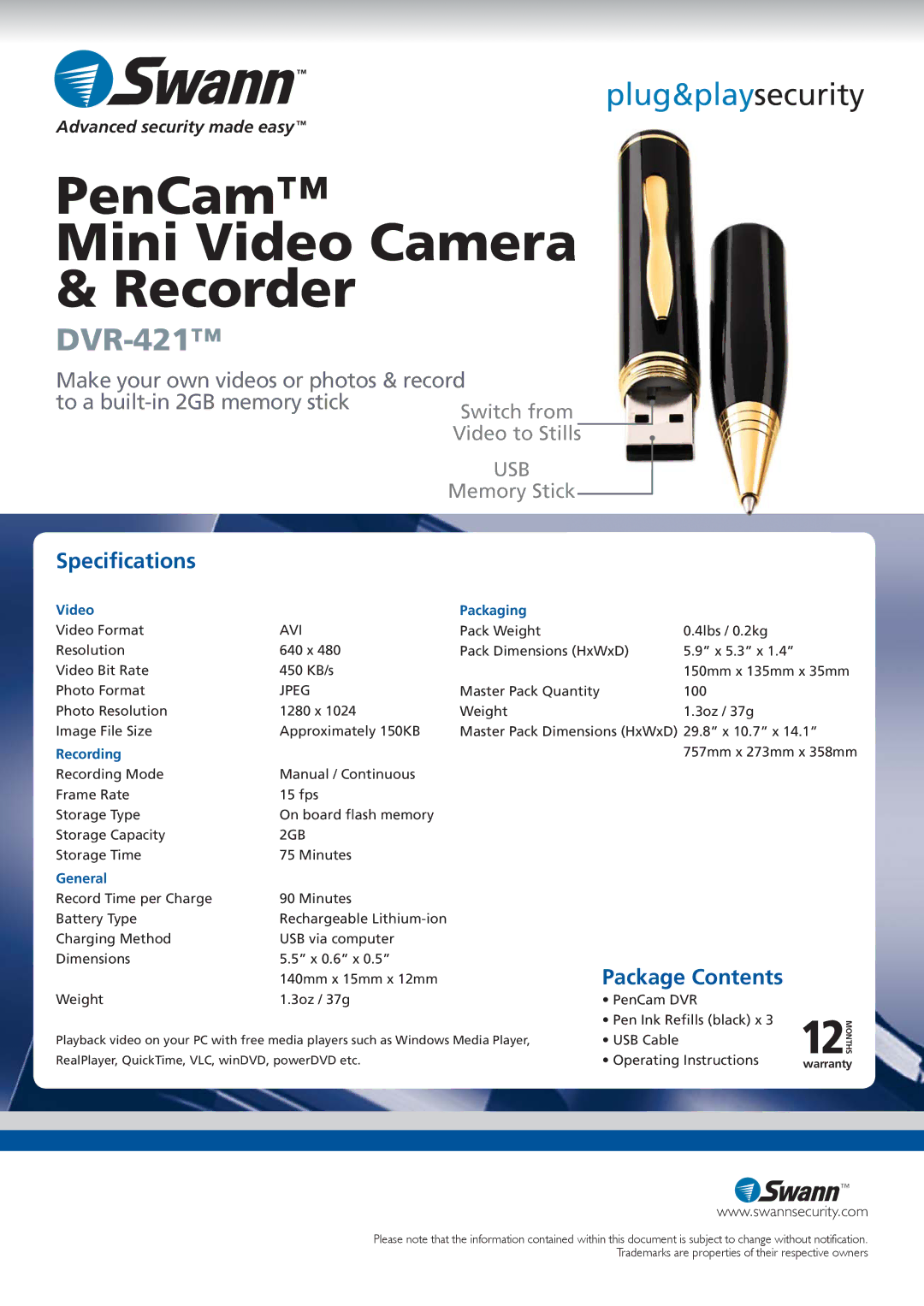 Swann DVR-421TM manual Speciﬁcations, Package Contents 