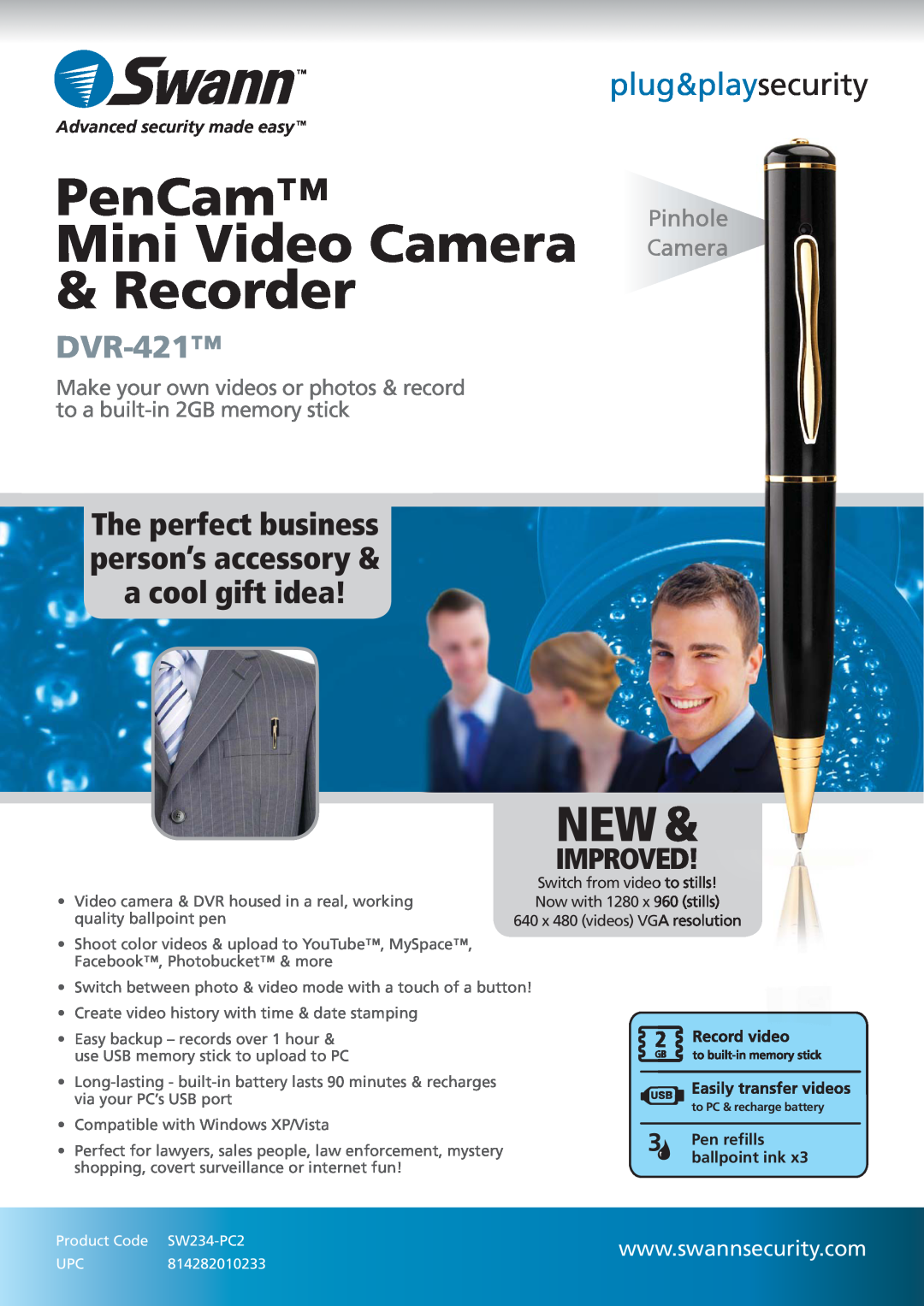 Swann DVR-421TM manual PenCam Mini Video Camera Recorder, Advanced security made easy, plug&playsecurity, Improved 