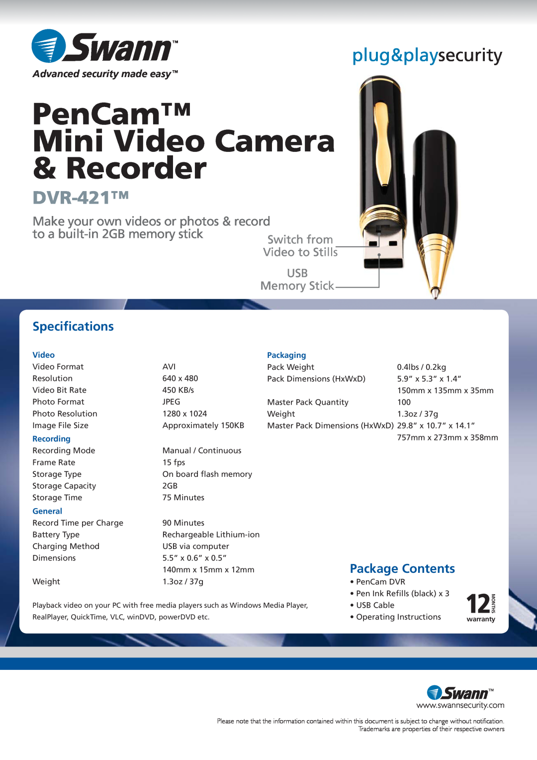 Swann DVR-421TM Make your own videos or photos & record, to a built-in 2GB memory stick, PenCam Mini Video Camera Recorder 