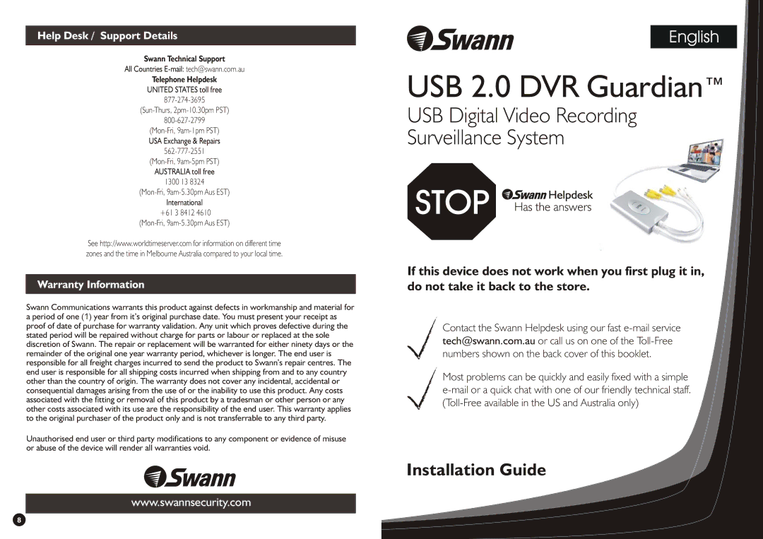 Swann DVR Guardian warranty Help Desk / Support Details, Warranty Information, Swann Technical Support, Telephone Helpdesk 