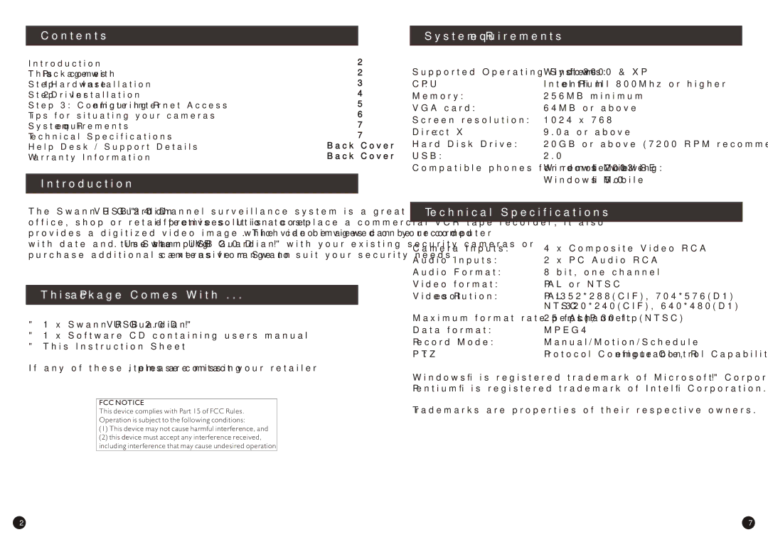 Swann DVR Guardian warranty Contents System Requirements, Introduction, This Package Comes With, Technical Specifications 