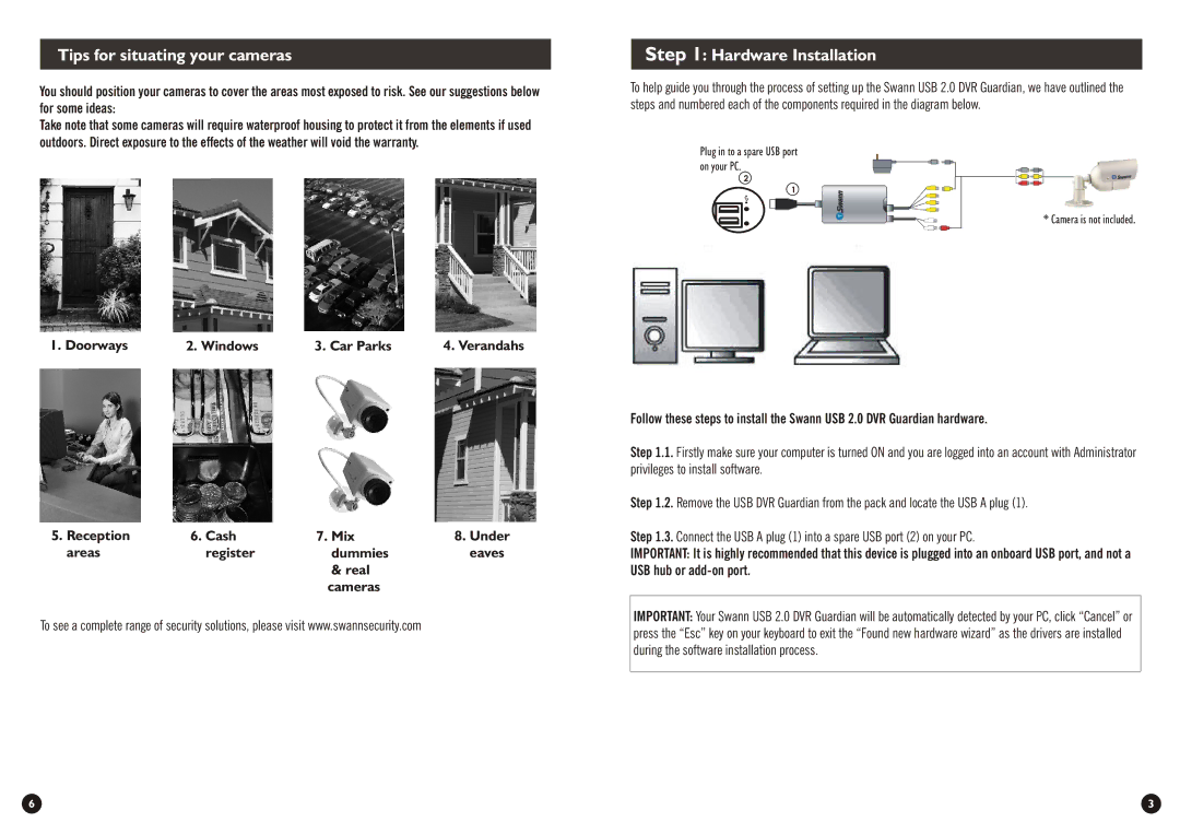 Swann DVR Guardian warranty Tips for situating your cameras, Hardware Installation, Doorways Windows Car Parks 