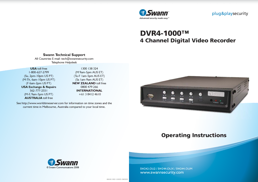 Swann DVR4-1000 manual NEW Zealand toll free, Australia toll free 