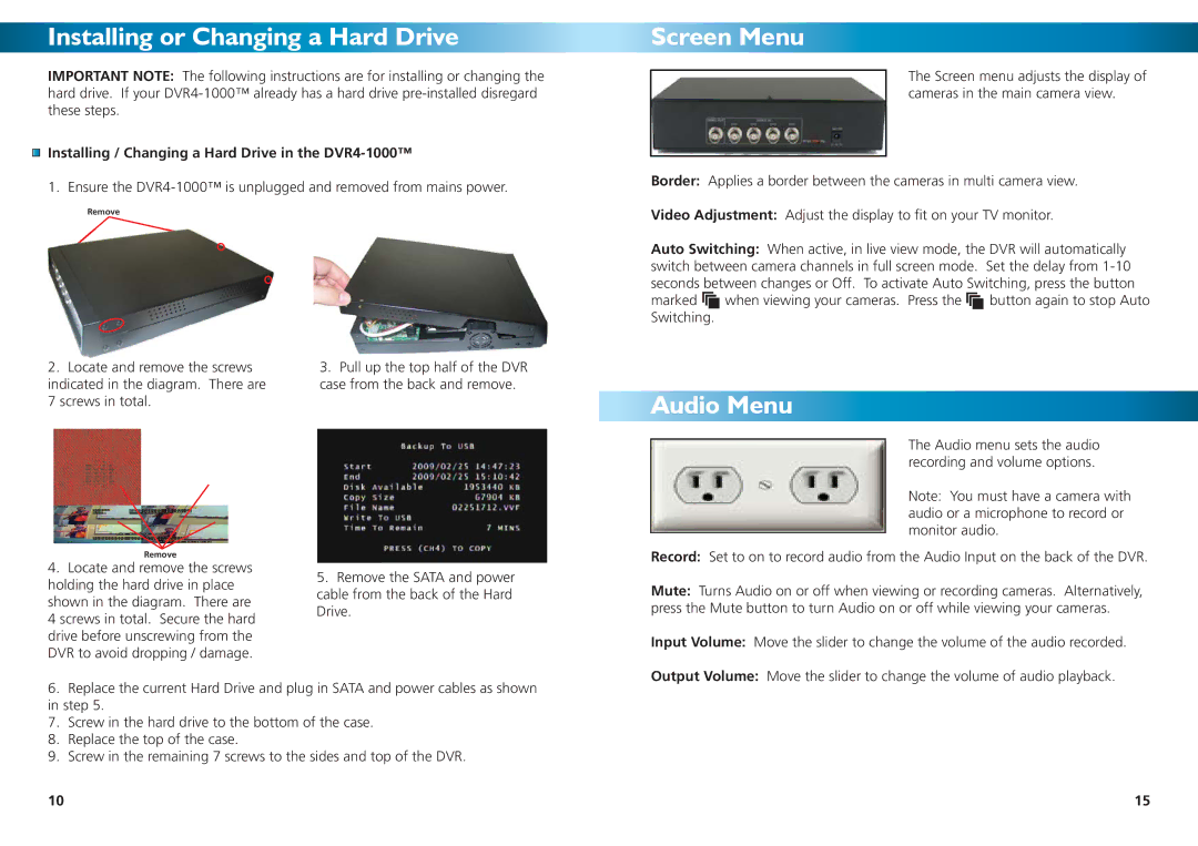 Swann DVR4-1000 manual Installing or Changing a Hard Drive, Screen Menu, Audio Menu 