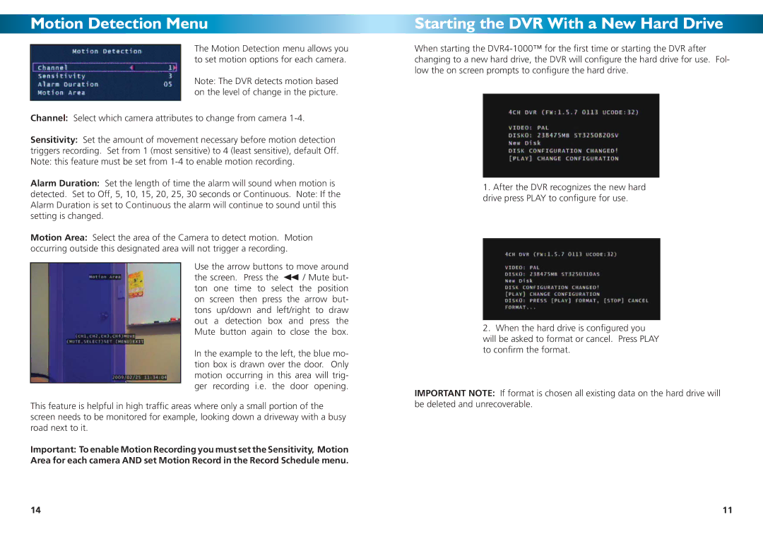 Swann DVR4-1000 manual Motion Detection Menu, Starting the DVR With a New Hard Drive 