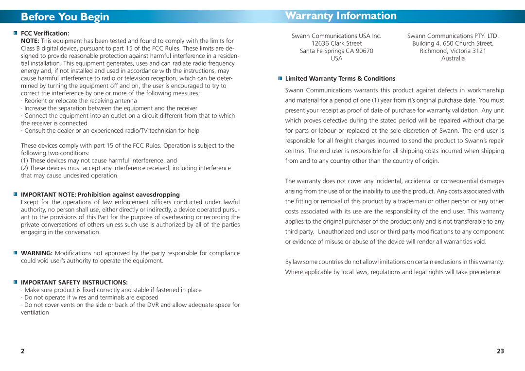 Swann DVR4-1000 Before You Begin, Warranty Information, FCC Veriﬁcation, Important Note Prohibition against eavesdropping 