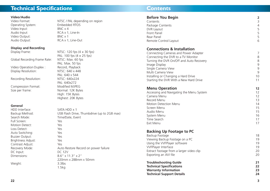 Swann DVR4-1000 manual Technical Specifications, Contents 