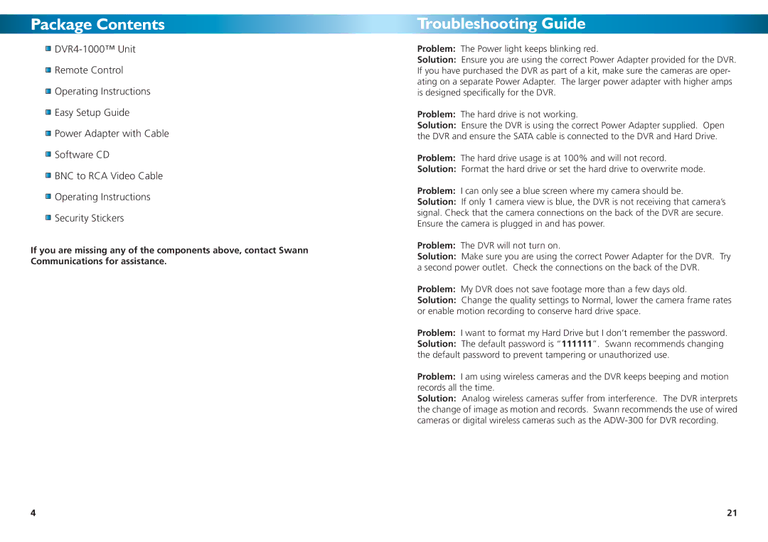 Swann DVR4-1000 manual Package Contents, Troubleshooting Guide 