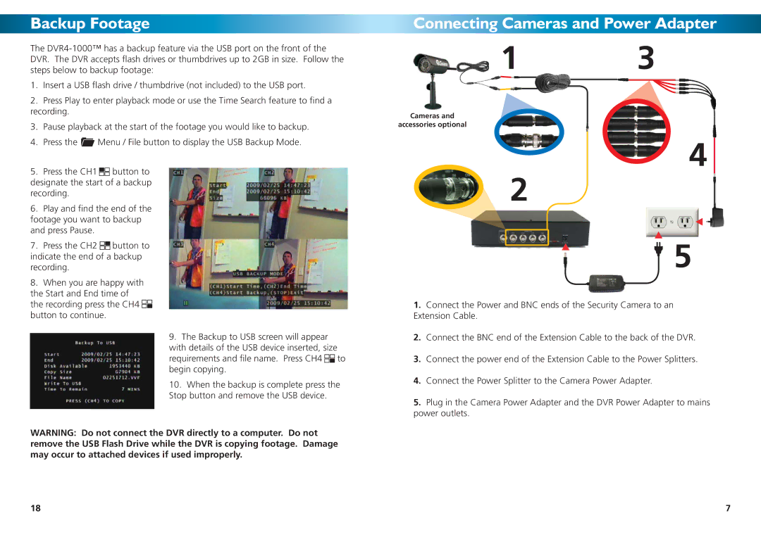 Swann DVR4-1000 manual Backup Footage, Connecting Cameras and Power Adapter 