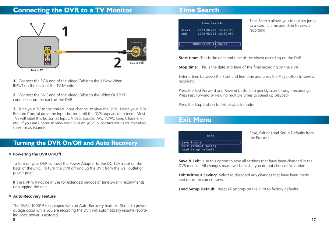 Swann DVR4-1000 Connecting the DVR to a TV Monitor Time Search, Exit Menu, Powering the DVR On/Off, Auto-Recovery Feature 