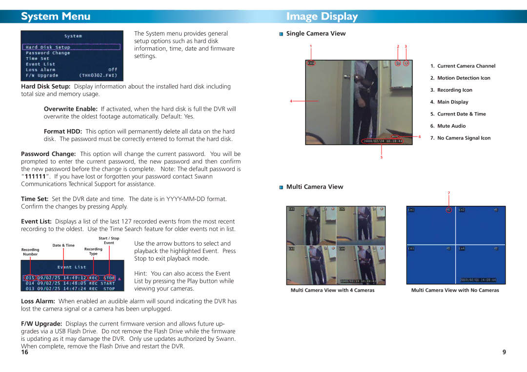 Swann DVR4-1000 manual System Menu, Image Display, Single Camera View, Multi Camera View 