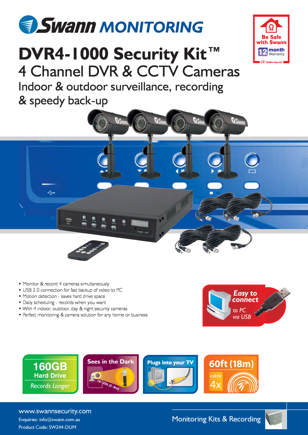 Swann warranty Monitoring, DVR4-1000 Security Kit, Channel DVR & CCTV Cameras, 160GB, 60ft 18m, Easy to connect, cable 