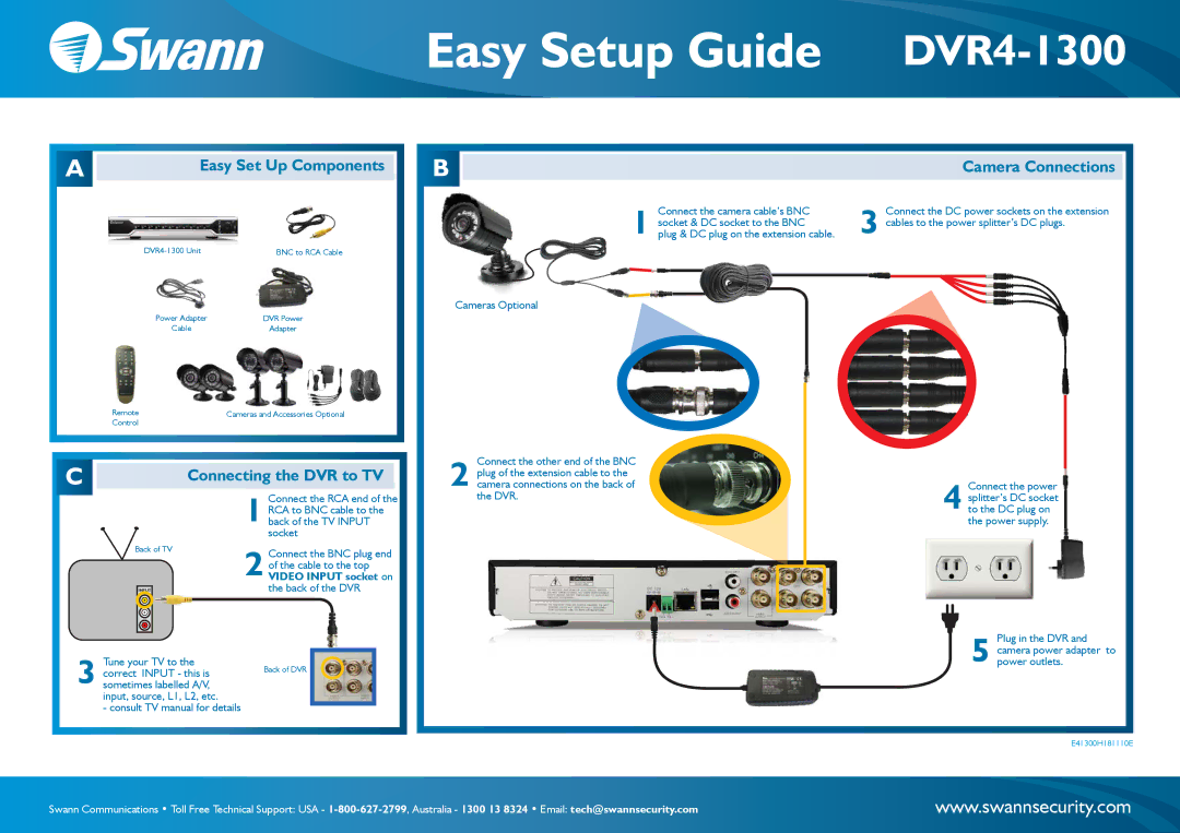 Swann setup guide Easy Setup Guide DVR4-1300, Connecting the DVR to TV, Easy Set Up Components, Camera Connections 