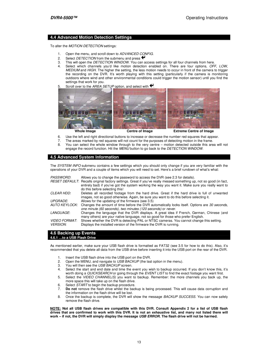 Swann DVR4-5500 manual Advanced Motion Detection Settings, Advanced System Information, Backing up Events 