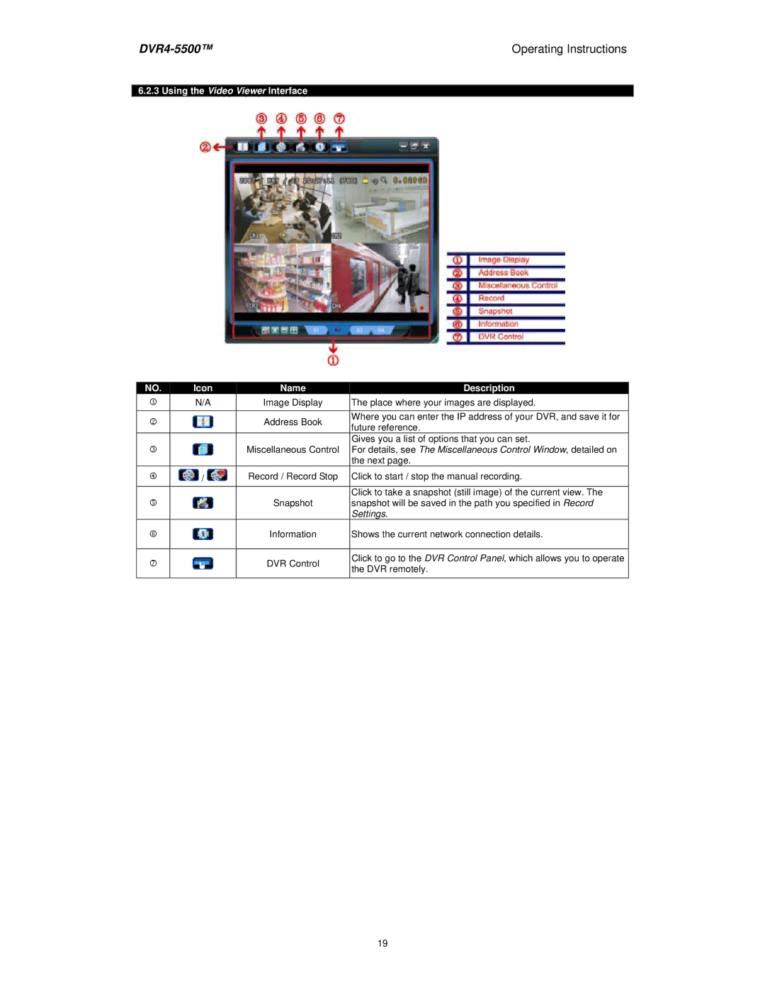 Swann DVR4-5500 manual Using the Video Viewer Interface Icon Name Description, Settings 