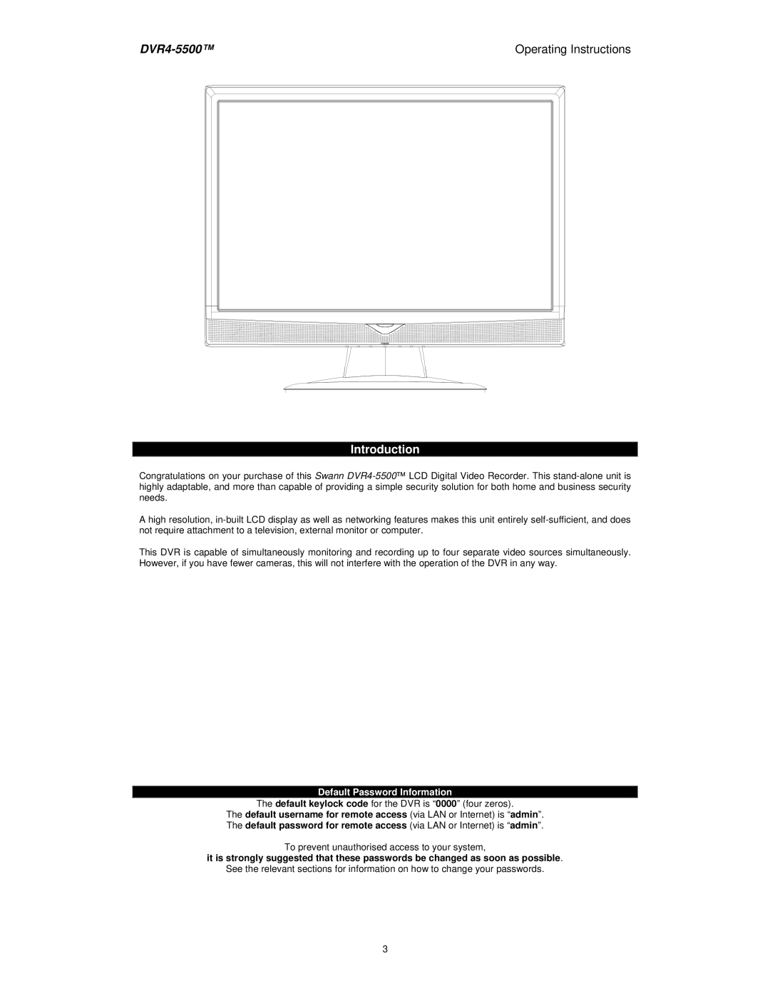Swann DVR4-5500 manual Introduction, Default Password Information 