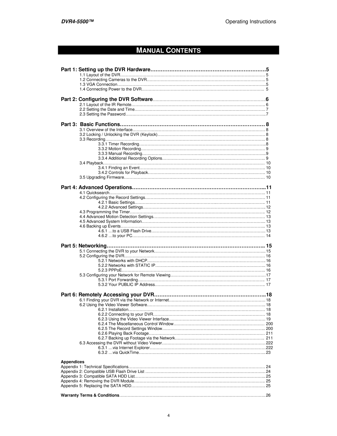 Swann DVR4-5500 manual Manual Contents 