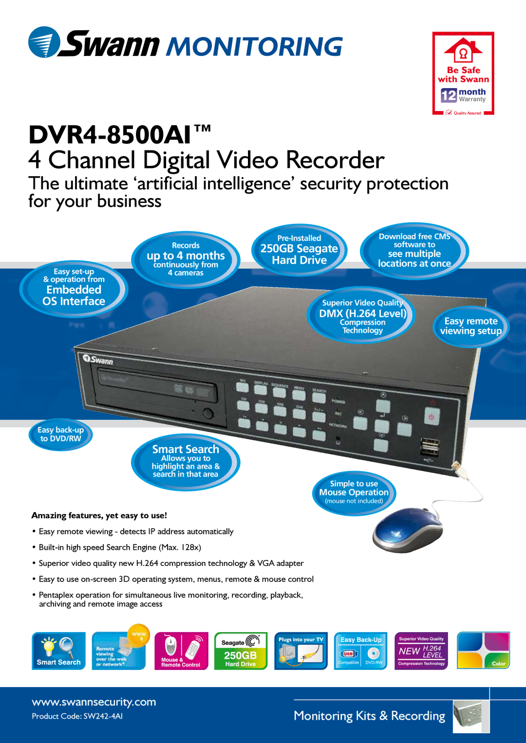 Swann DVR4-8500AI warranty Up to 4 months, Embedded, Smart Search 